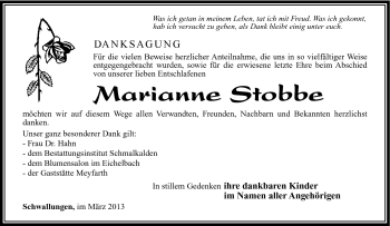 Traueranzeige von Marianne Stobbe von Südthüringer Presse