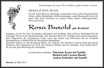 Traueranzeige von Rosa Busold von Südthüringer Presse