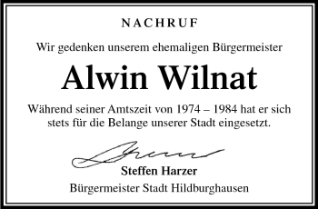 Traueranzeige von Alwin Willnat von Südthüringer Presse