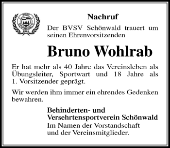 Traueranzeige von Bruno Wohlrab von Frankenpost