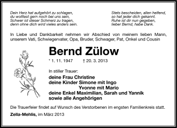 Traueranzeige von Bernd Zülow von Südthüringer Presse