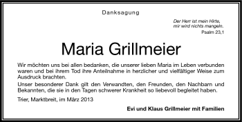 Traueranzeige von Maria Grillmeier von Frankenpost