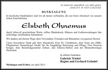 Traueranzeige von Elsbeth Ohnemus von Südthüringer Presse