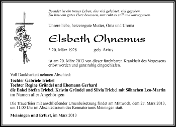 Traueranzeige von Elsbeth Ohnemus von Südthüringer Presse