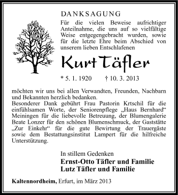 Traueranzeige von Kurt Täfler von Südthüringer Presse