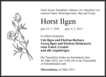 Traueranzeige von Horst Ilgen von Südthüringer Presse