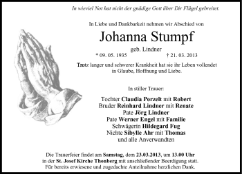 Traueranzeige von Johanna Stumpf von Neue Presse Coburg