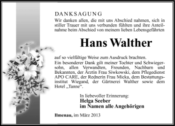 Traueranzeige von Hans Walther von Südthüringer Presse