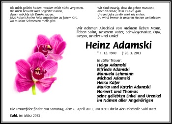 Traueranzeige von Heinz Adamski von Südthüringer Presse