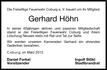 Traueranzeige von Gerhard Höhn von Neue Presse Coburg