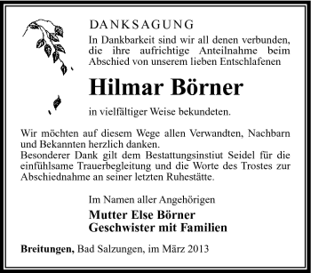 Traueranzeige von Hilmar Börner von Südthüringer Presse