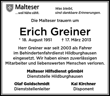 Traueranzeige von Erich Greiner von Südthüringer Presse