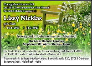 Traueranzeige von Lissy Nicklas von Frankenpost