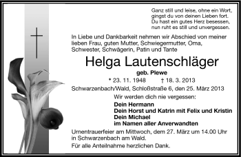Traueranzeige von Helga Lautenschläger von Frankenpost