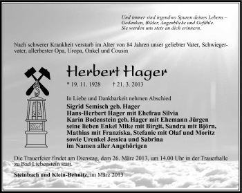 Traueranzeige von Herbert Hager von Südthüringer Presse