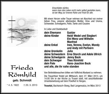 Traueranzeige von Frieda Römhild von Südthüringer Presse