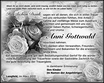 Traueranzeige von Anni Gottwald von Südthüringer Presse