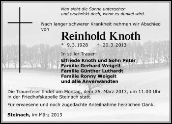Traueranzeige von Reinhold Knoth von Südthüringer Presse