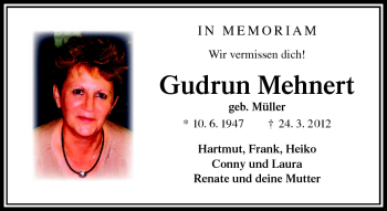 Traueranzeige von Gudrun Mehnert von Südthüringer Presse