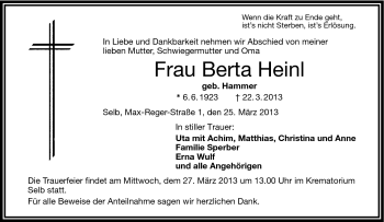 Traueranzeige von Berta Heinl von Frankenpost