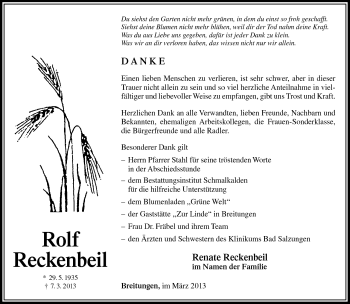 Traueranzeige von Rolf Reckenbeil von Südthüringer Presse