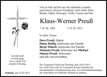 Traueranzeige von Klaus-Werner Preuß von Neue Presse Coburg