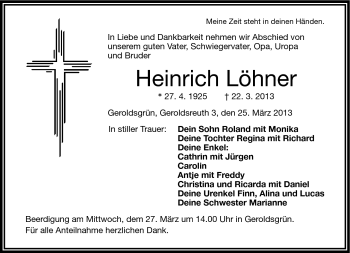 Traueranzeige von Heinrich Löhner von Frankenpost