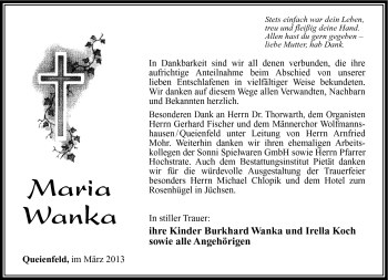 Traueranzeige von Maria Wanka von Südthüringer Presse