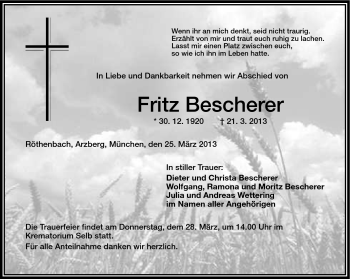 Traueranzeige von Fritz Bescherer von Frankenpost