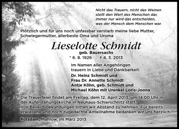 Traueranzeige von Lieselotte Schmidt von Südthüringer Presse