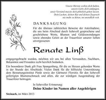 Traueranzeige von Renate Linß von Südthüringer Presse