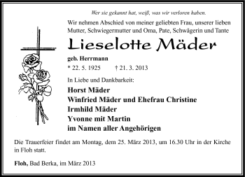 Traueranzeige von Lieselotte Mäder von Südthüringer Presse