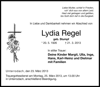 Traueranzeige von Lydia Regel von Neue Presse Coburg