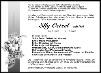 Traueranzeige von Elly Oetzel von Südthüringer Presse