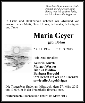 Traueranzeige von Maria Geyer von Südthüringer Presse