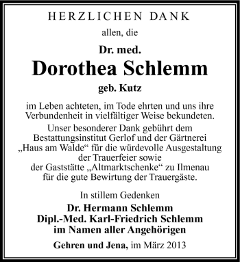 Traueranzeige von Dorothea Schlemm von Südthüringer Presse