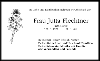 Traueranzeige von Jutta Flechtner von Frankenpost