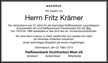 Traueranzeige von Fritz Krämer von Frankenpost