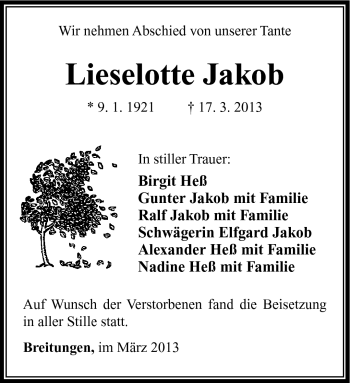 Traueranzeige von Lieselotte Jakob von Südthüringer Presse