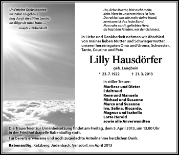 Traueranzeige von Lilly Hausdörfer von Südthüringer Presse