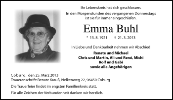 Traueranzeige von Emma Buhl von Neue Presse Coburg