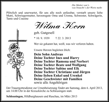 Traueranzeige von Wilma Korn von Südthüringer Presse