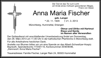 Traueranzeige von Anna Maria Fischer von Frankenpost
