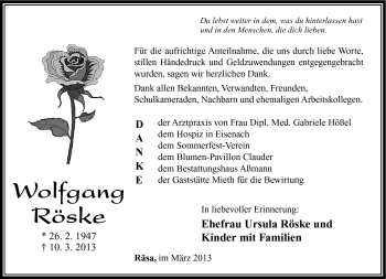 Traueranzeige von Wolfgang Röske von Südthüringer Presse