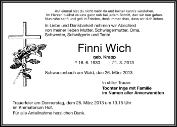 Traueranzeige von Finni Wich von Frankenpost