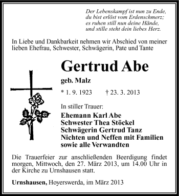 Traueranzeige von Gertrud Abe von Südthüringer Presse