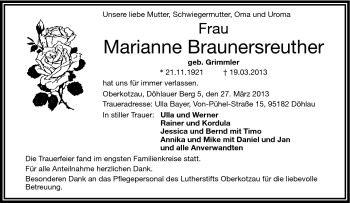 Traueranzeige von Marianne Braunersreuther von Frankenpost