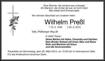 Traueranzeige von Wilhelm Preßl von Frankenpost