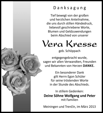 Traueranzeige von Vera Kresse von Südthüringer Presse
