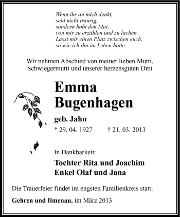 Traueranzeige von Emma Bugenhagen von Südthüringer Presse